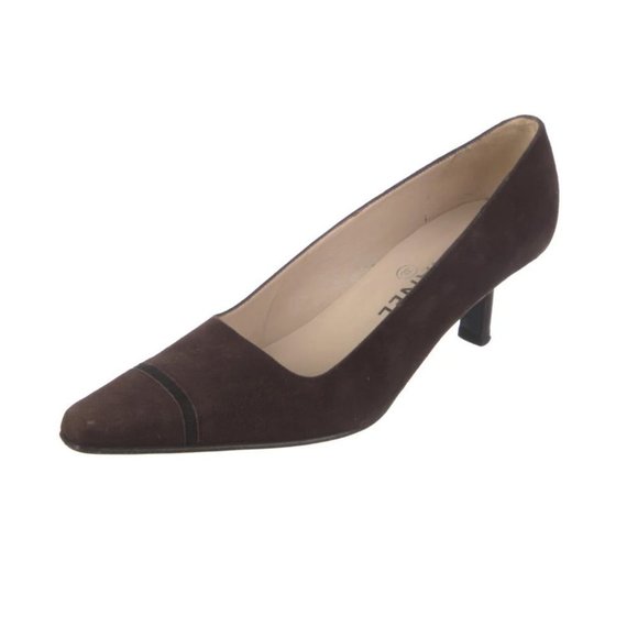 Chanel Vintage Pumps By  Karl Lagerfeld Brown Suede Printed Semi-Pointed Toes - Picture 1 of 5